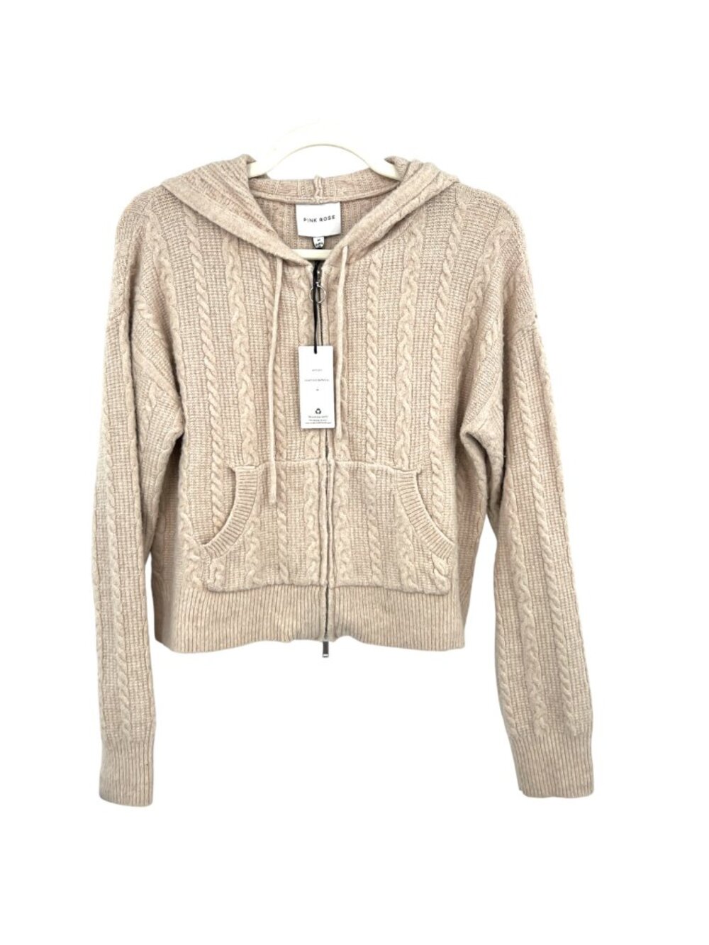 Pink Rose Cable Knit Zip-Up Hoodie Beige Size Medium NWT Balletcore Coquette